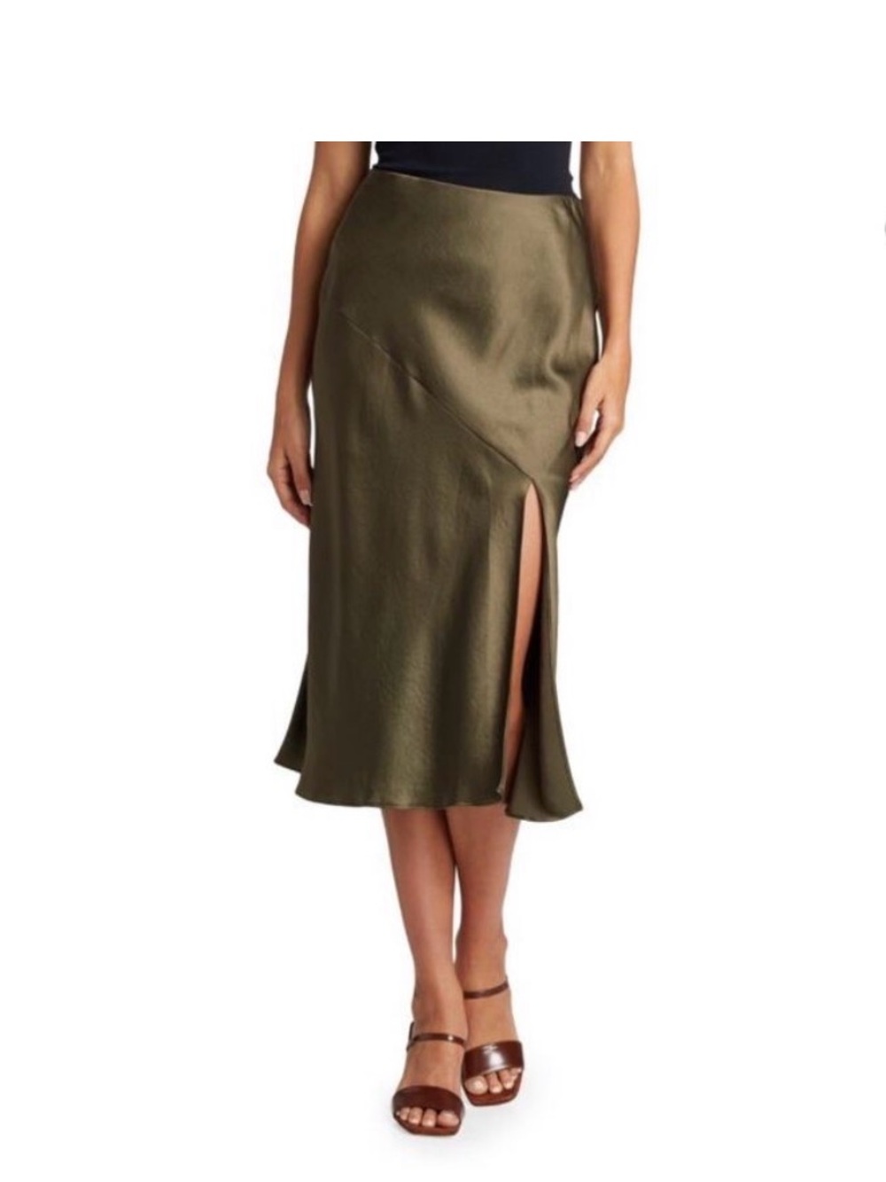 Bailey 44 Olive Nova Satin Midi Skirt Bias Cut with Side Slit Medium